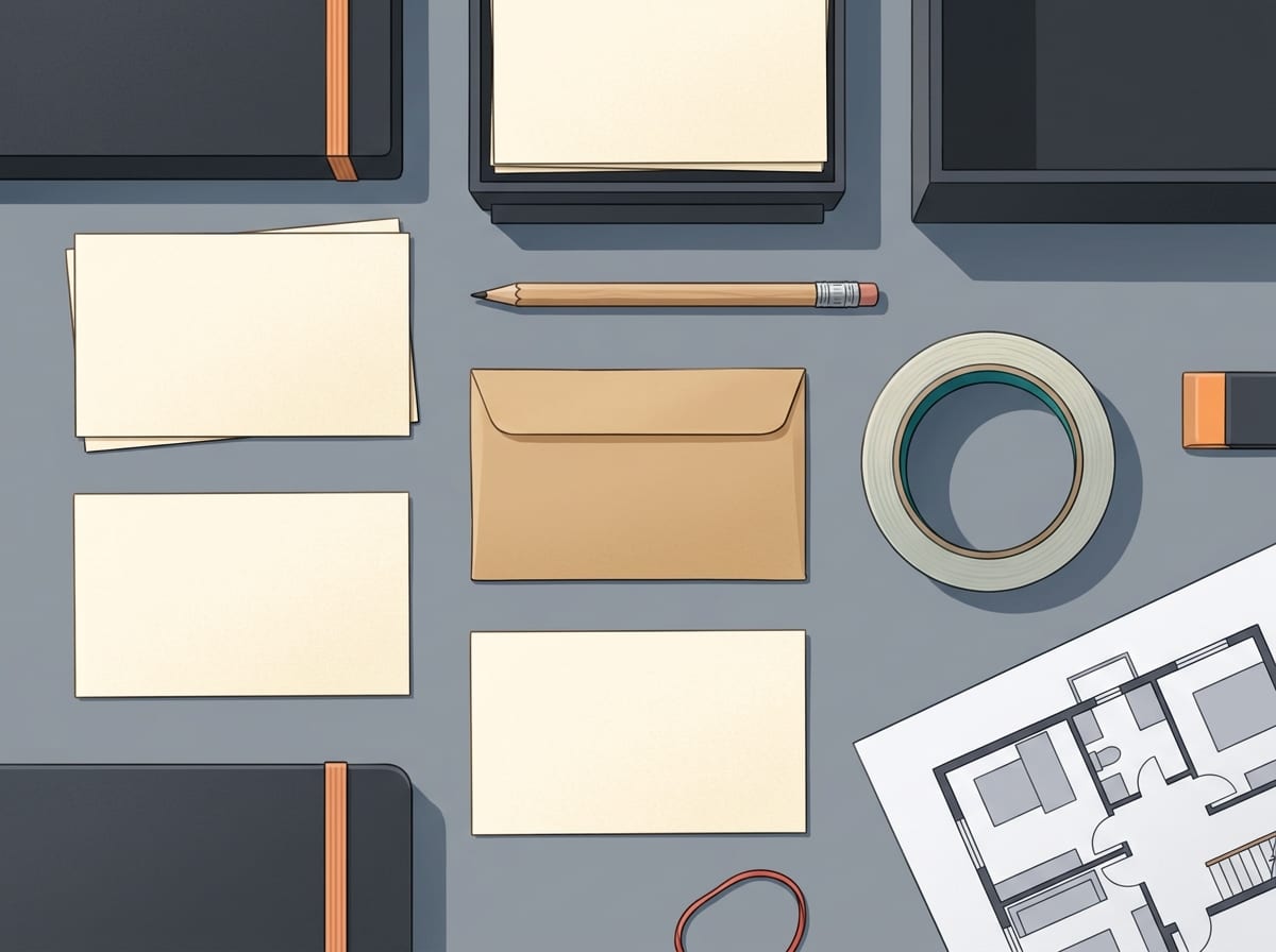 Widok z góry przygotowanych kart do checklisty na oględziny domu: ołówek, koperta na klucze i rzeczy do notatek